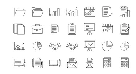 A versatile collection of thin line icons representing business management, financial analytics, and office workflow essentials for modern design
