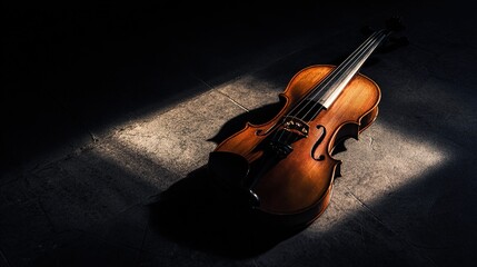 stasis. A single violin on a dark stage under a spotlight, showing wood grain. event programs, museum guides, designed for cultural heritage projects and event programs, supports education.