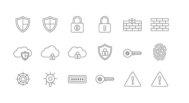 Versatile collection of outline vector icons depicting essential concepts of digital security, online privacy, and data protection for modern interfaces and applications