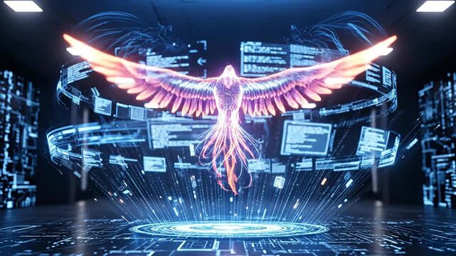 Majestic phoenix soaring through digital space in vibrant motion video