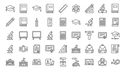 A collection of educational and school supply icons, including graduation caps, books, pencils, calculators, microscopes, and diplomas