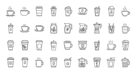 A collection of various coffee and tea beverages, presented as outlined icons.