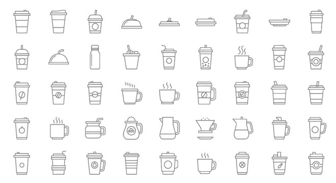 Minimalist line icon collection of coffee and tea beverages, showcasing various cups, mugs, and brewing methods for cafe branding