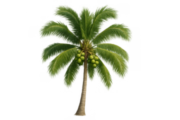 Coconut palm tree with green coconuts on a transparent background, tropical plant for nature and summer designs