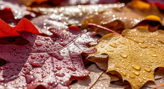 Close-up of Autumn Leaves with Water Droplets and Bokeh Lights