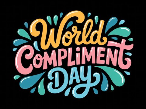 Vibrant hand lettered art celebrating world compliment day with colorful splashes