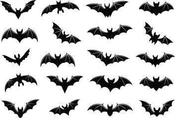 Flying bat silhouette vector collection, spooky black bat icons set, Halloween night animal symbols, isolated vampire bat design for decoration illustration