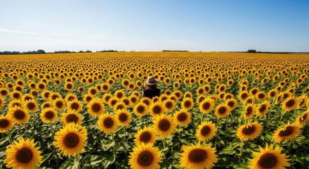 Vast Sunflower Field Under Blue Sky with Hidden Figure.