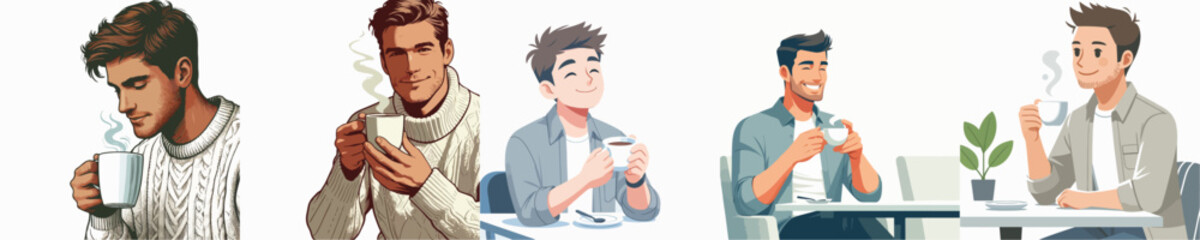 Fototapeta premium vector image of a man drinking coffee with a white background