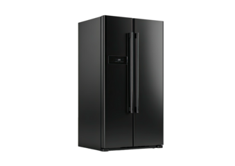 Sleek black refrigerator with dual doors, modern design