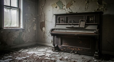Abandoned Piano in Dilapidated Room with Peeling Paint and Window.