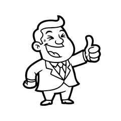 Obraz premium Cheerful cartoon businessman in suit giving thumbs up gesture with wide smile and closed eyes, conveying satisfaction and approval, isolated on transparent