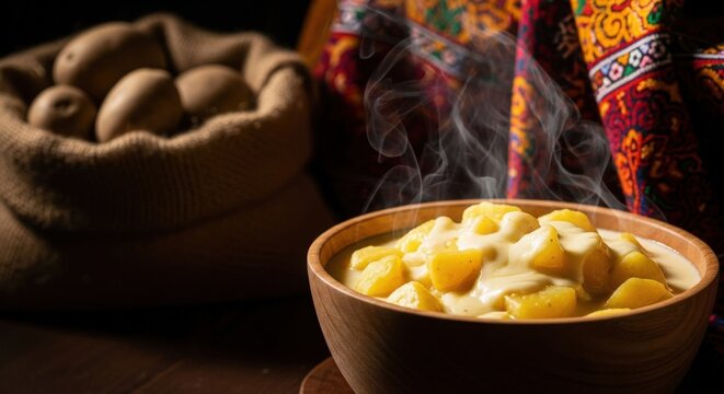 Creamy Bhutanese Kewa Datshi &ndash; Potatoes in Melted Cheese Sauce in Dapa Bowl, Potato Sack & Kira Textile Background, Warm Hearth Light
