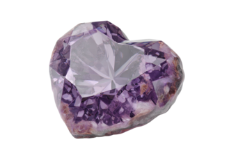 Faceted heart-shaped amethyst gem, black background