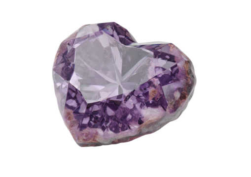 Faceted heart-shaped amethyst gem, black background