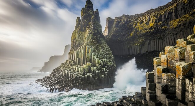 Dramatic Basalt Columns Erupting from the Sea in Iceland