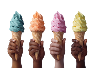 Four hands hold vibrant pastel ice cream cones