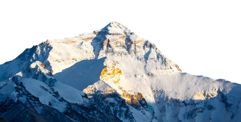 Snow-covered mountain peak with rugged terrain and sunlight highlighting rocky surfaces