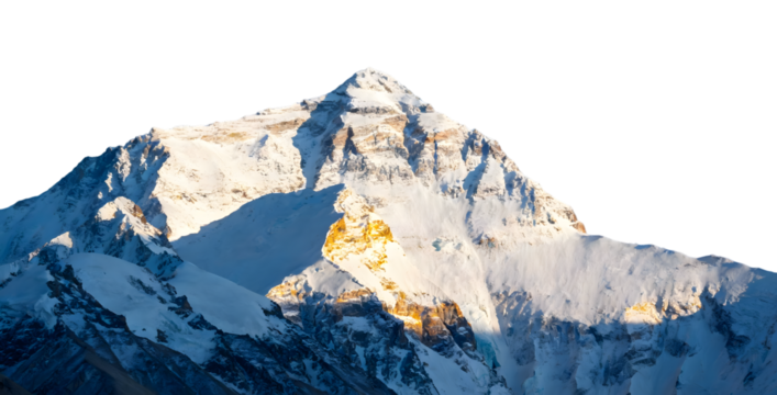 Snow-covered mountain peak with rugged terrain and sunlight highlighting rocky surfaces