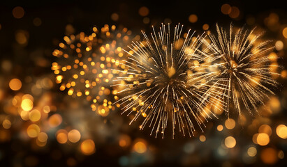 Spectacular golden fireworks illuminate the night sky, creating a dazzling display of celebration and joy perfect for festive events and special occasions