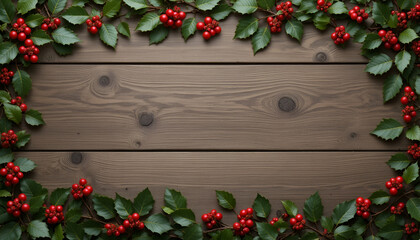 Festive christmas background with red berries and green leaves on a rustic wooden surface for holiday designs