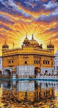Artistic Impression of Harmandir Sahib with Dramatic Sky and Reflections, a Sikh Religious Landmark