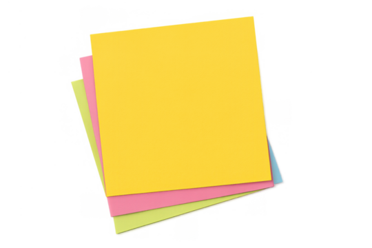 Stack of multiple colorful sticky notes used for writing reminders, messages, or short memos, isolated on a transparent background
