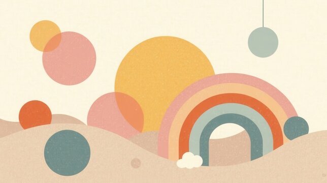 Pastel Rainbow Over Rolling Hills with Floating Circles and a Hanging Orb A Dreamy Abstract Landscape - Powered by Adobe