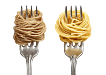 Two forks, each holding coiled pasta nests