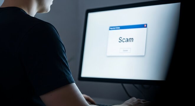 Person at Computer Screen Displaying the Word Scam. - Powered by Adobe