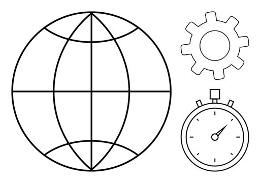 Globe with latitude and longitude lines, gear, and stopwatch representing global work optimization and time focus. Ideal for efficiency, teamwork, globalization, productivity, systems, planning