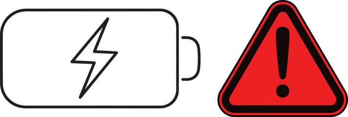 Outline Battery Icon with Lightning Bolt and Red Warning Sign