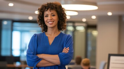 Confident woman with arms crossed in a blue dress smiling in an office environment setting inside
