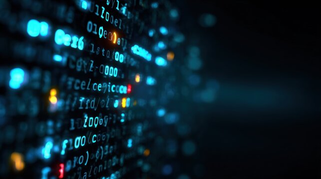 A close-up view of binary code illuminated in blue hues against a dark background, representing digital technology and data processing.