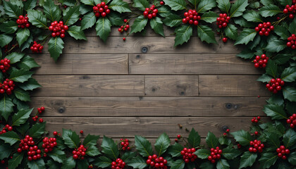 Festive christmas holly and red berries frame a rustic wooden background for holiday cheer and celebration