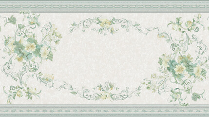 A carpet-style wallpaper design featuring green floral patterns with light grey borders and presents delicate vine motifs along the edges and an elegant light green patterned frame at the center