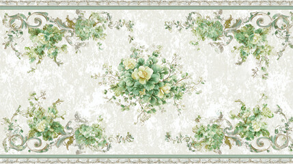 A carpet-style wallpaper design featuring green floral patterns with light grey borders and presents delicate vine motifs along the edges and an elegant light green patterned frame at the center
