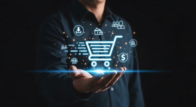 Online Shopping Concept - Man Holding Virtual Shopping Cart with Icons.