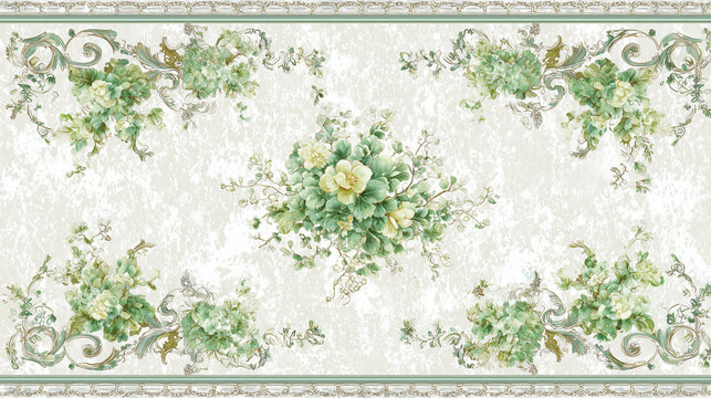 A carpet-style wallpaper design featuring green floral patterns with light grey borders and presents delicate vine motifs along the edges and an elegant light green patterned frame at the center
