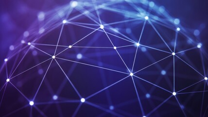 Abstract network sphere with glowing nodes and connecting lines on a purple background design