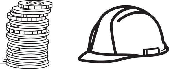Black and White Line Art Illustration of Coins and Hard Hat