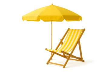 Relaxing yellow beach scene concept, deckchair under sun umbrella for summer vacations, perfect for travel ads and bright promotional designs, sunny vibes