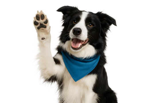 Adorable border collie waving hello with a bright blue bandana, perfect for pet lovers and animal-themed projects, showcasing playful canine charm