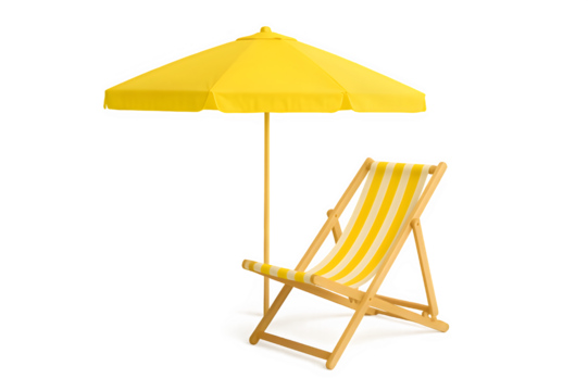 Relaxing beach chair under a bright yellow umbrella invites summer vacation dreams and peaceful relaxation, perfect for travel and leisure promotions.