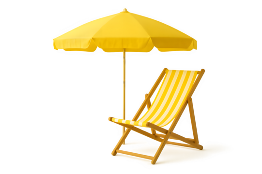 Relaxing yellow beach scene concept, deckchair under sun umbrella for summer vacations, perfect for travel ads and bright promotional designs, sunny vibes