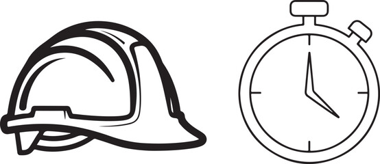 Black and White Outline of Hard Hat and Stopwatch