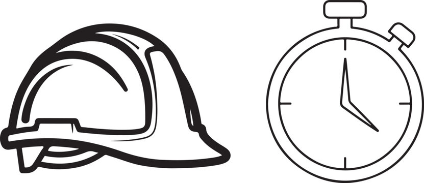 Black and White Outline of Hard Hat and Stopwatch