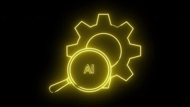 A glowing yellow outline depicts a gear behind a magnifying glass displaying AI on a black background
