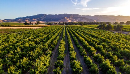 Aerial view of a lush orchard with mountain backdrop at sunset