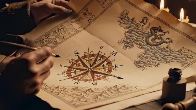 Person Draws a Vintage Map With Quill on a Wooden Table With Candles
